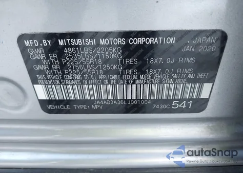 2020 Mitsubishi Outlander Se/Sel/Le z USA, uszkodzony, nr VIN JA4AD3A36LJ001004